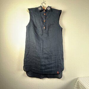 Poak Moaa Womens Embroidered Linen Shift Dress XL Navy Cap Sleeve Hi-Low hem